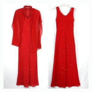 Let's Fashion Red Beaded Lace Up Back Formal Gown Dress w Chiffon Wrap Red - S